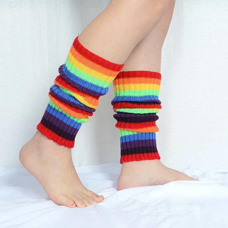 Женские трикотажные гетры в стиле Y2K, длинные носки в рубчик в радужную полоску, харадзюку, винтажная уличная одежда в стиле Фея Гранж на зиму