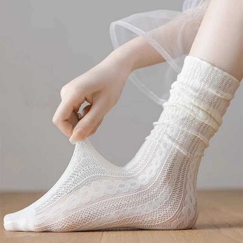 Японские модные однотонные Носки с оборками, Дышащие Летние Женские Носки, Сетчатые Кружевные эластичные Длинные Носки для женщин