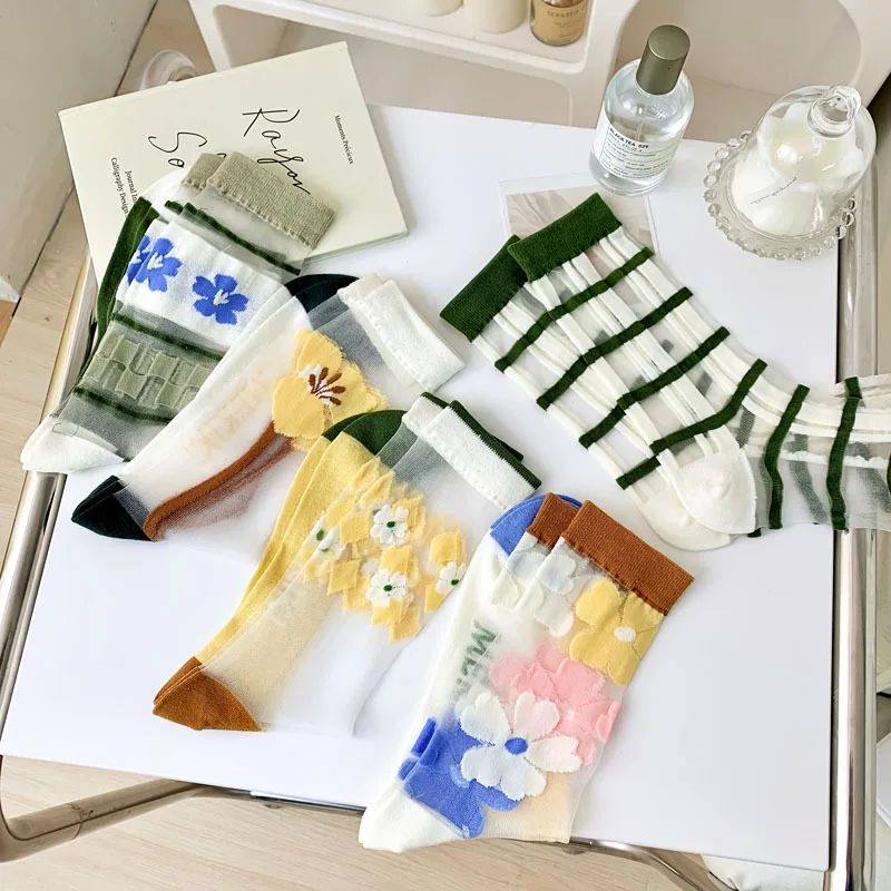 Летние Тонкие хлопчатобумажные Прозрачные Высокие длинные носки Kawaii в корейском стиле, женские шелковые носки Harajuku в винтажном сетчатом стиле с милой цветочной вышивкой.